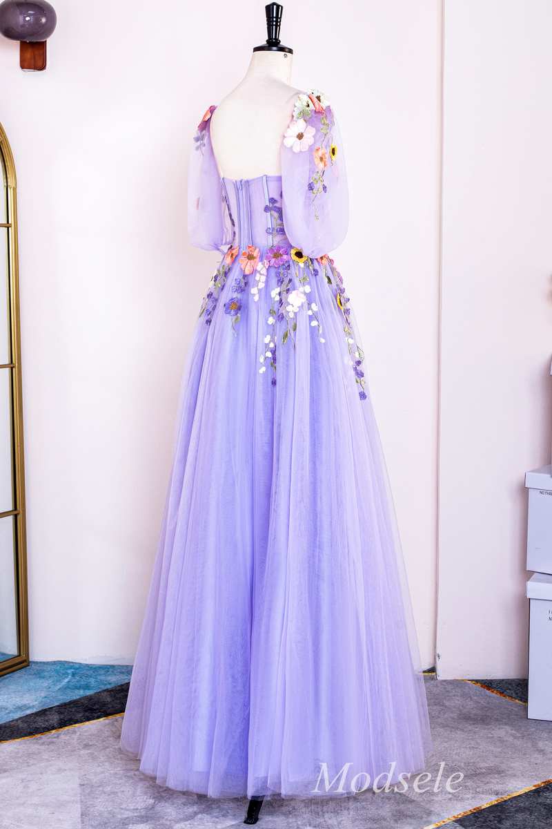 Lavender Floral Appliques Sweetheart A-Line Long Prom Dress