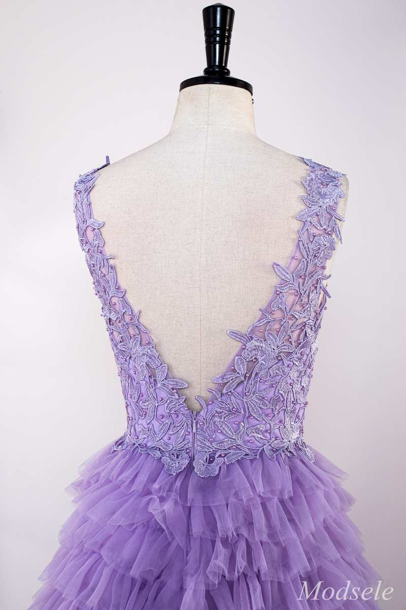 Lavender Appliques Plunge V Ruffle Tiered Long Prom Dress with Slit