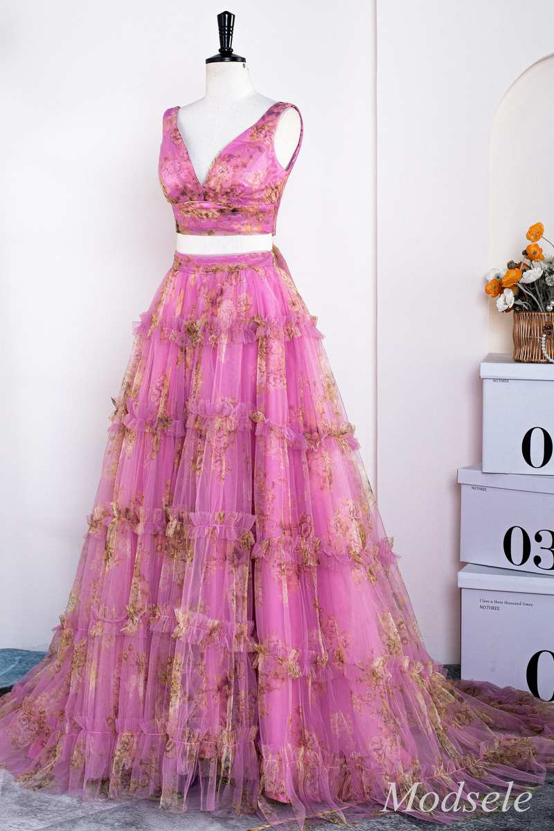 Two-Piece Fuchsia Print V-Neck Ruffle Long Prom Dress