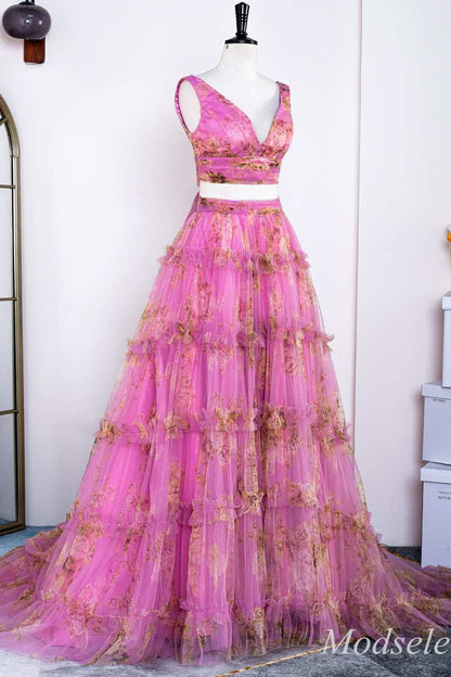 Two-Piece Fuchsia Print V-Neck Ruffle Long Prom Dress