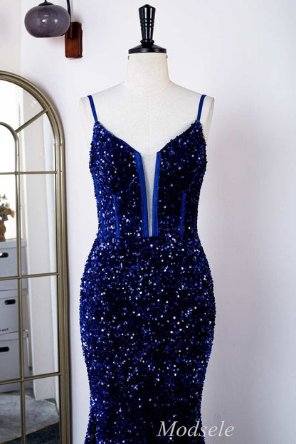 Royal Blue Sequin Spaghetti Strap Mermaid Long Formal Dress
