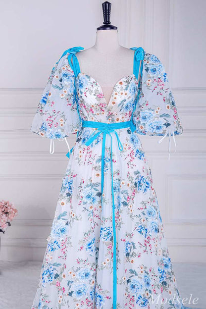 Floral Embroidery V-Neck A-Line Long Prom Dress with Puff Sleeves