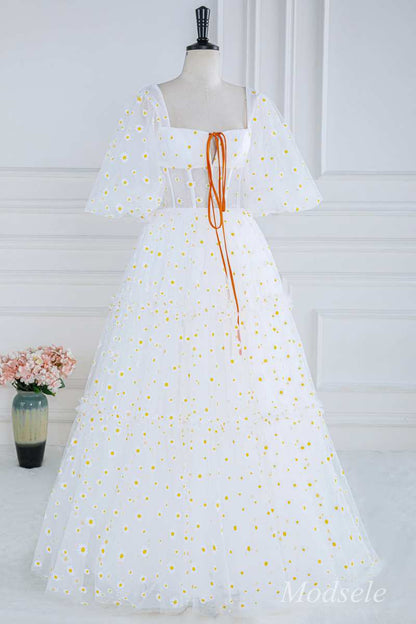 White Daisy Print Square Neck Puff Sleeve A-Line Long Prom Dress