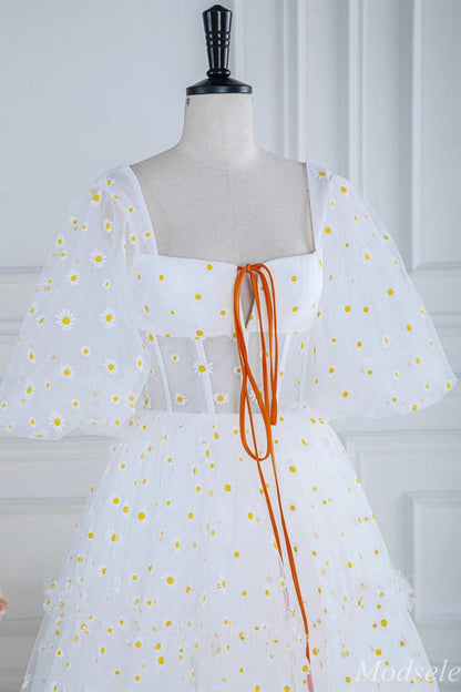 White Daisy Print Square Neck Puff Sleeve A-Line Long Prom Dress