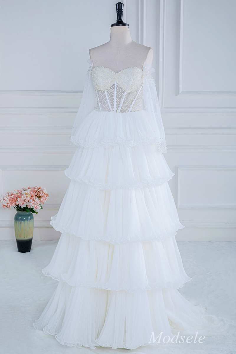 White Beaded Strapless Ruffle Tiered Long Prom Dress