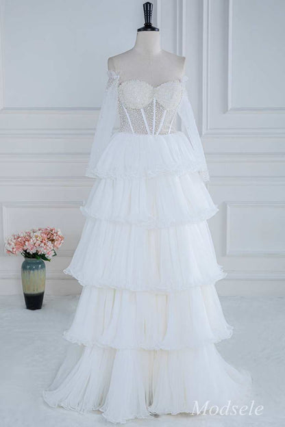 White Beaded Strapless Ruffle Tiered Long Prom Dress