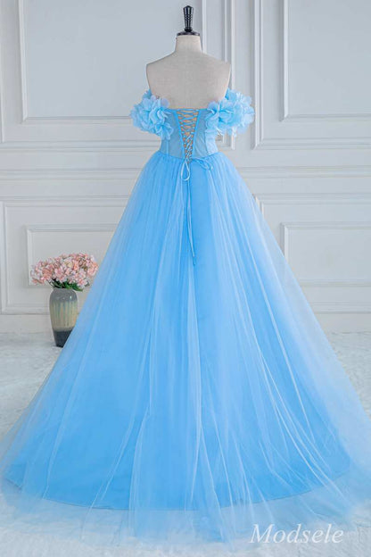Blue Floral Petal Appliques Off-the-Shoulder A-Line Long Prom Dress