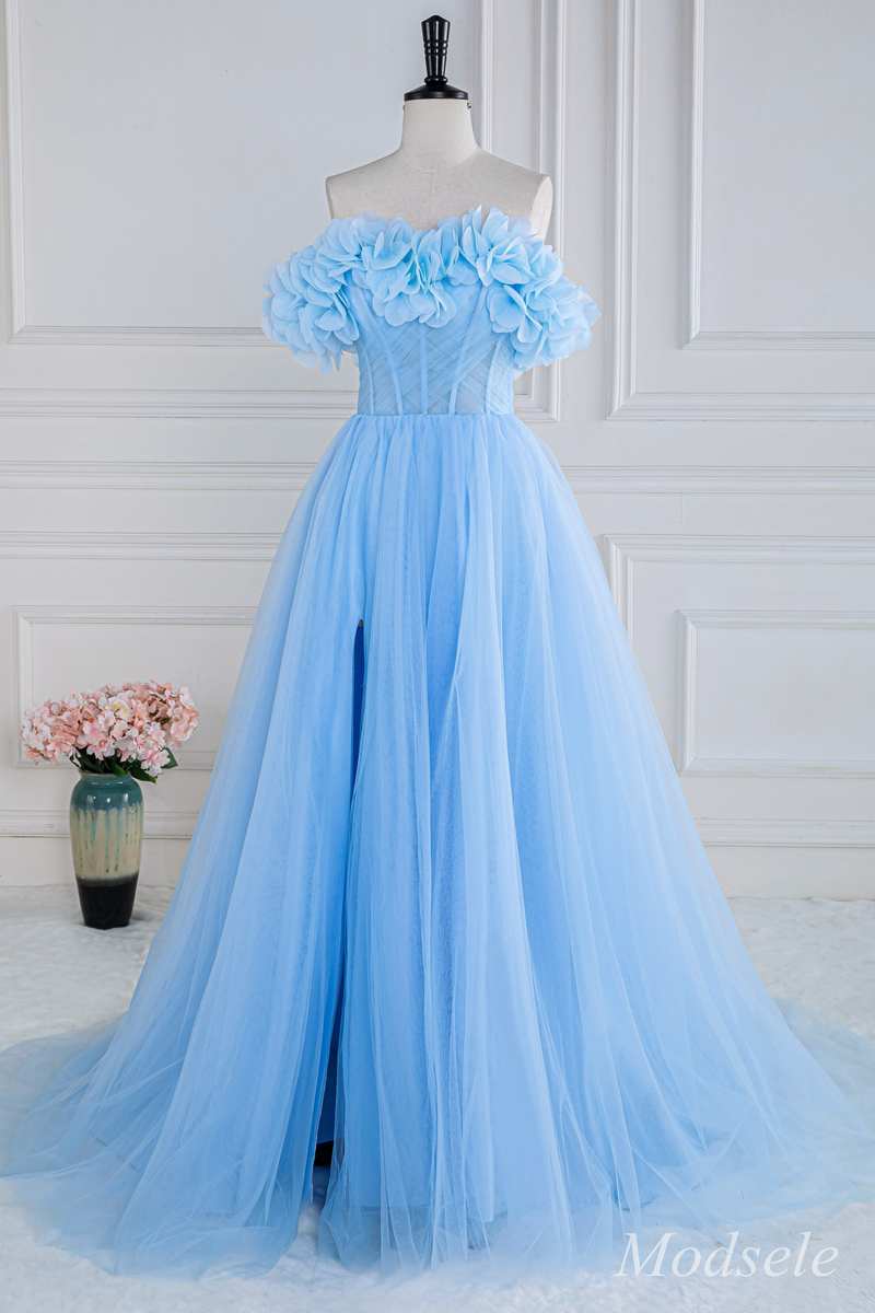 Blue Floral Petal Appliques Off-the-Shoulder A-Line Long Prom Dress