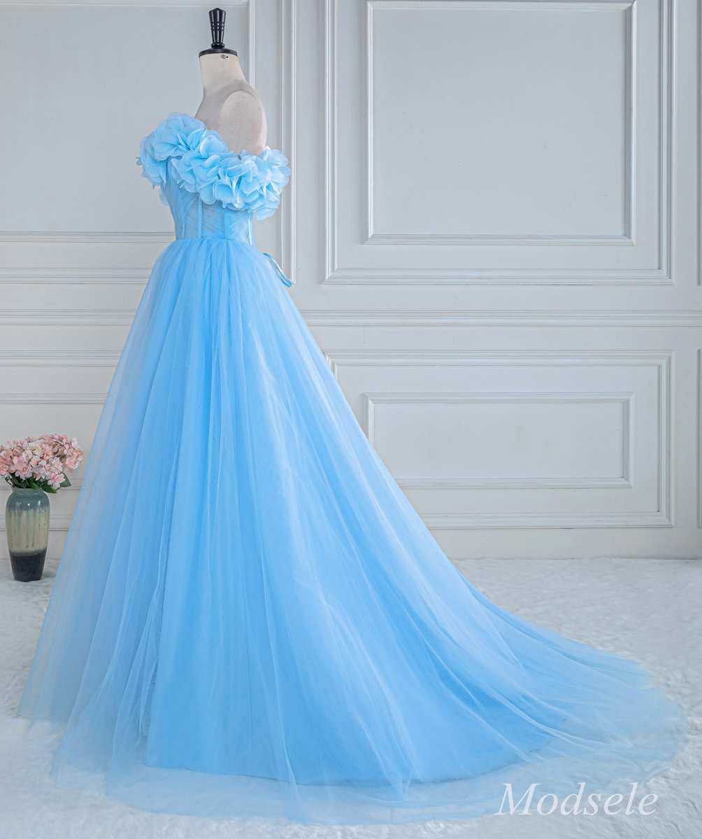 Blue Floral Petal Appliques Off-the-Shoulder A-Line Long Prom Dress