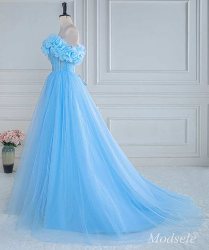 Blue Floral Petal Appliques Off-the-Shoulder A-Line Long Prom Dress