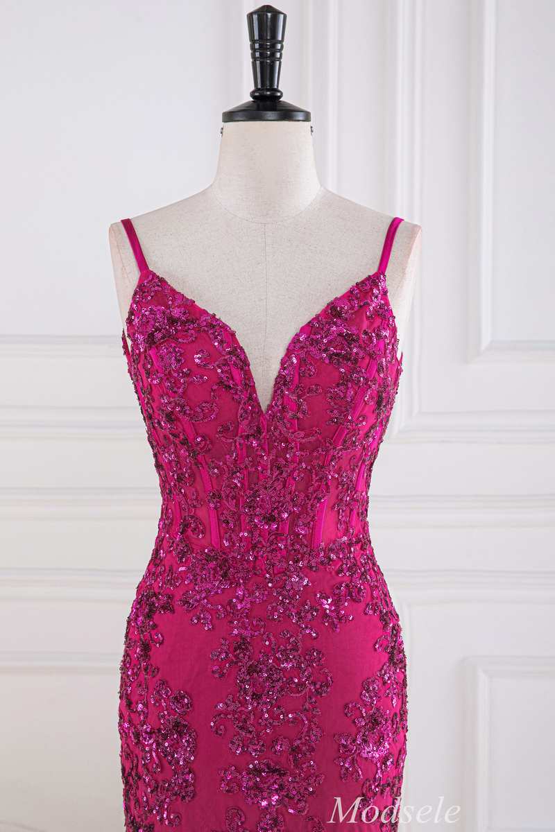 Magenta Sequin Appliques V-Neck Trumpet Long Gown