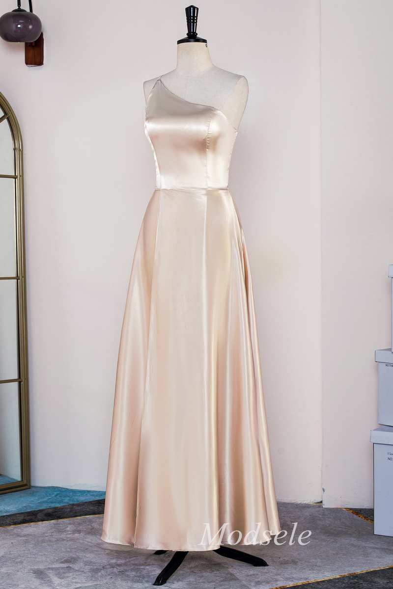 A-Line Champagne One-Shoulder A-Line Long Dress