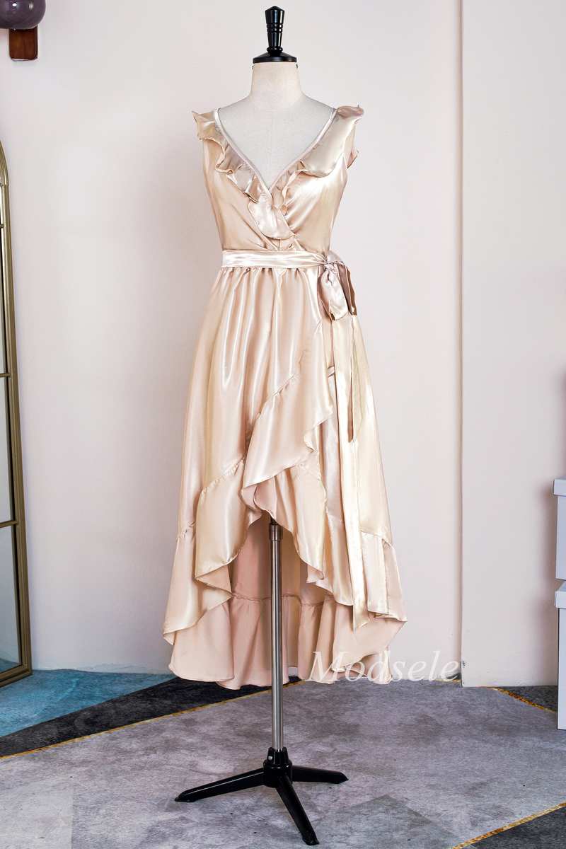 Champagne Surplice Backless High-Low Formal Dress