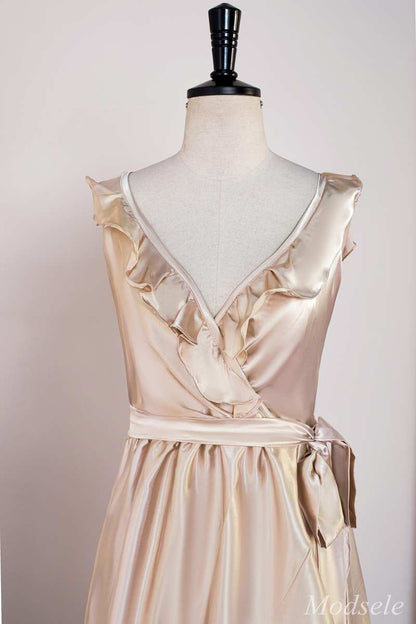 Champagne Surplice Backless High-Low Formal Dress