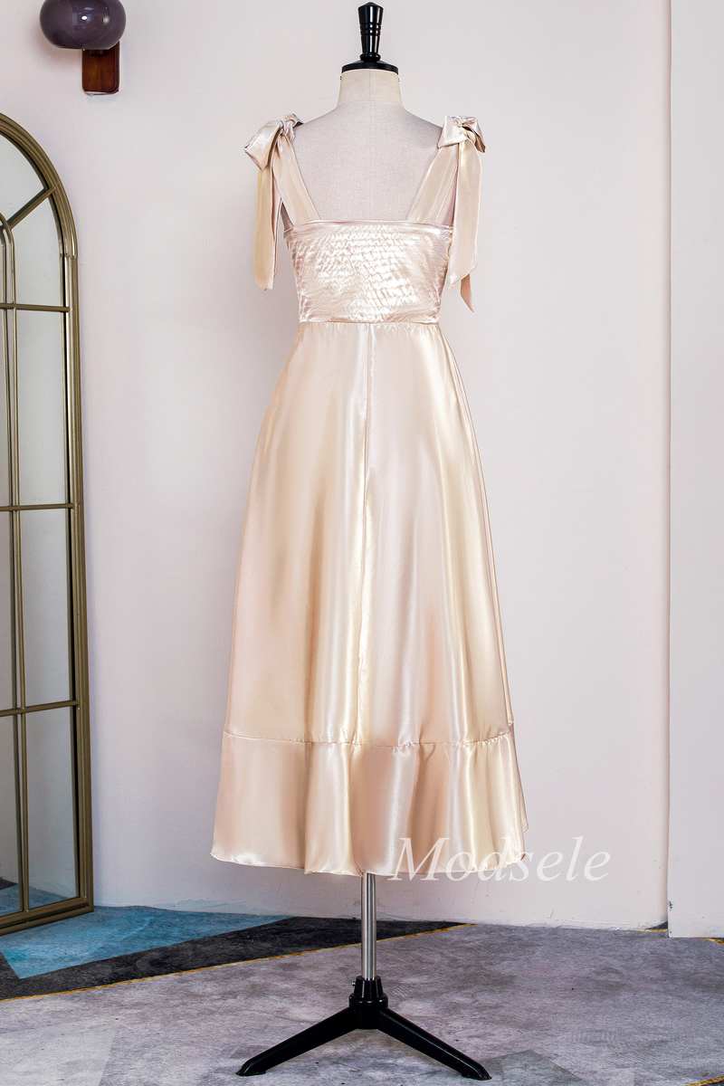 Champagne Bow Strap Ruffle A-Line Formal Dress