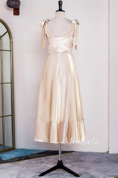 Champagne Bow Strap Ruffle A-Line Formal Dress