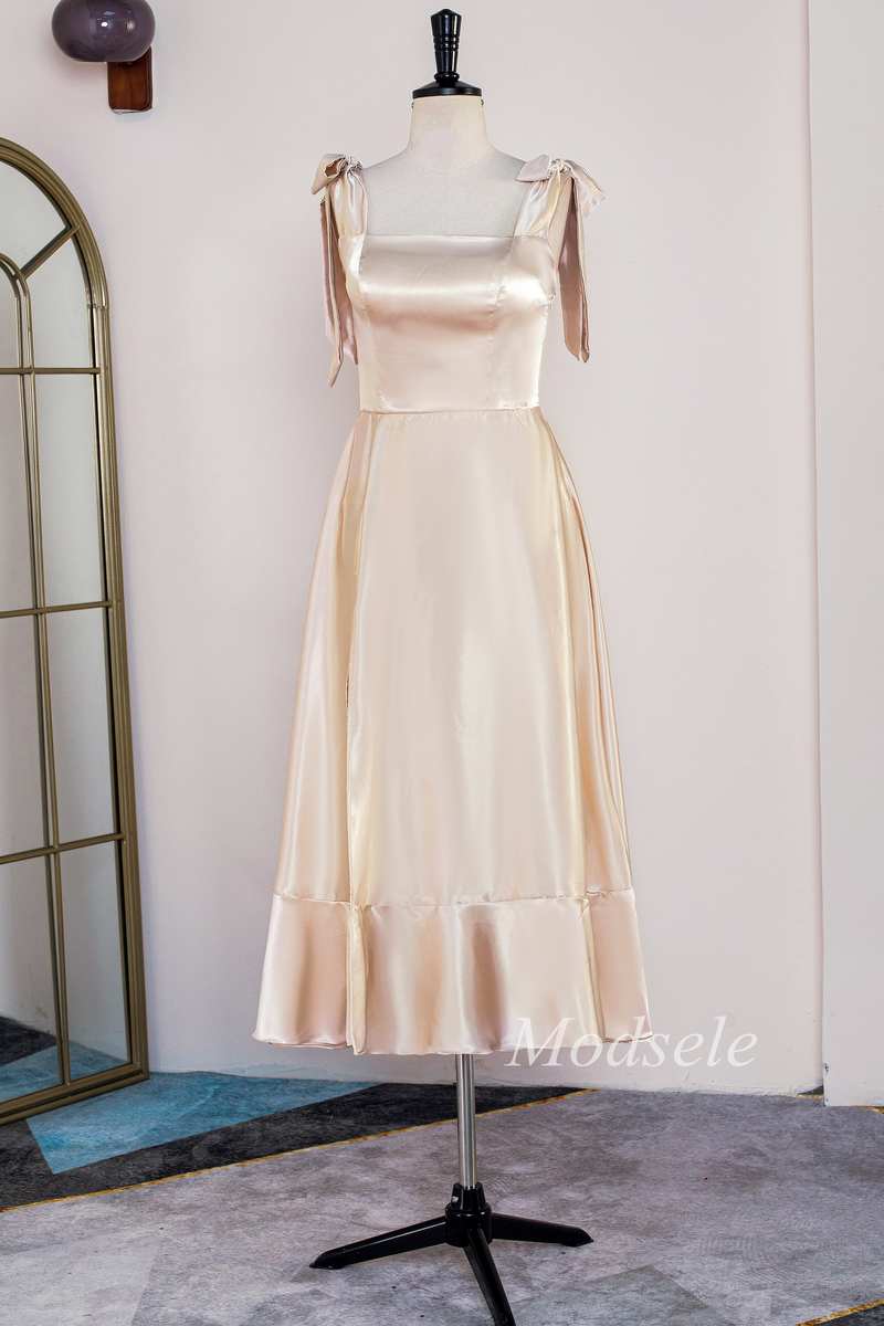 Champagne Bow Strap Ruffle A-Line Formal Dress