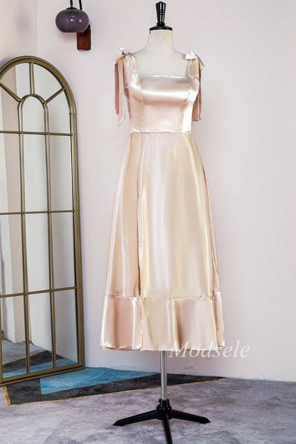Champagne Bow Strap Ruffle A-Line Formal Dress