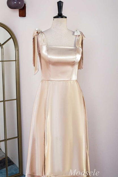 Champagne Bow Strap Ruffle A-Line Formal Dress