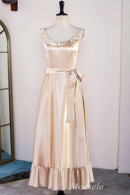 Champagne Round Neck Ruffle Backless A-Line Long Dress