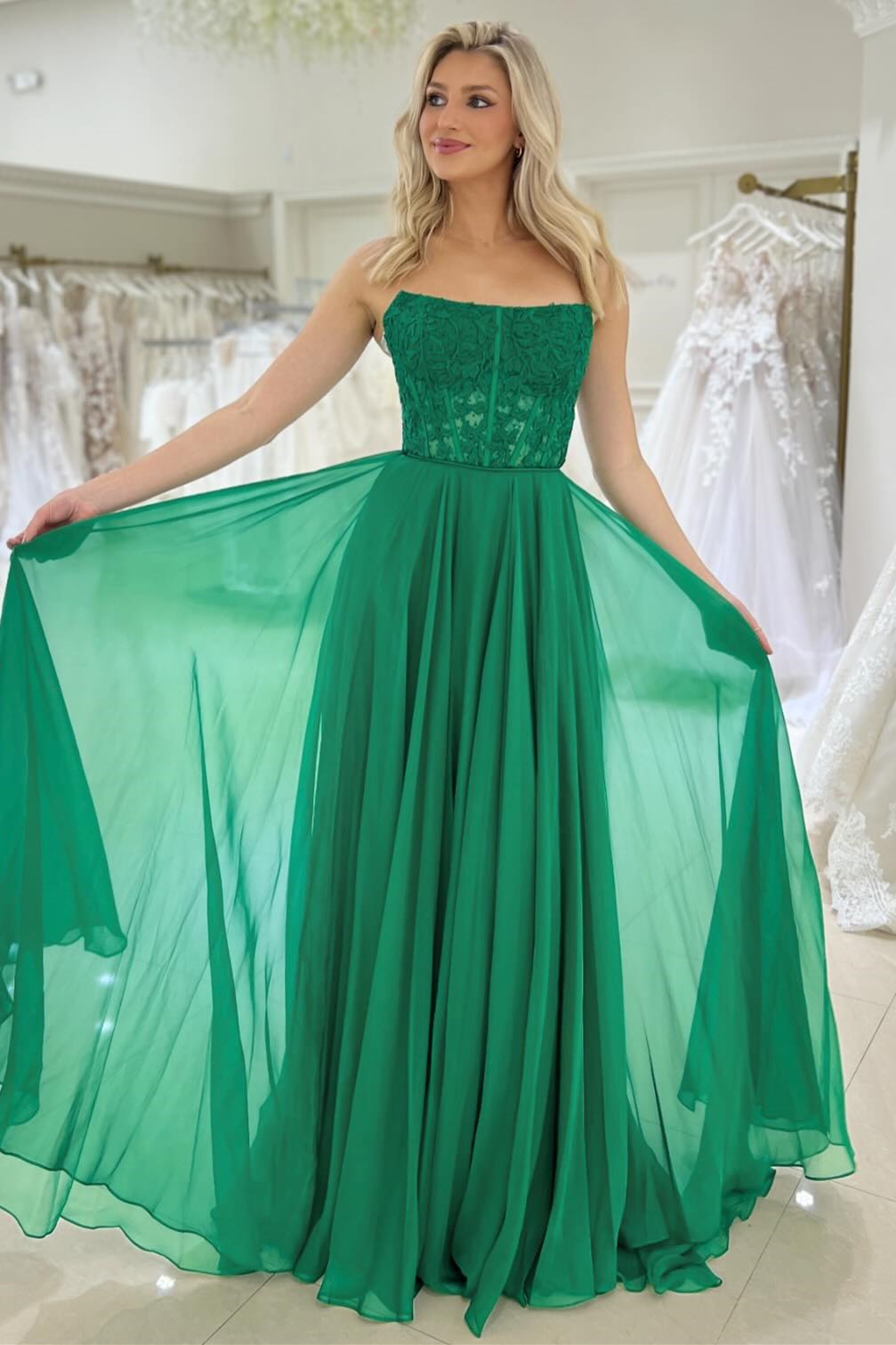Magenta Chiffon Appliques Strapless A-Line Long Prom Dress