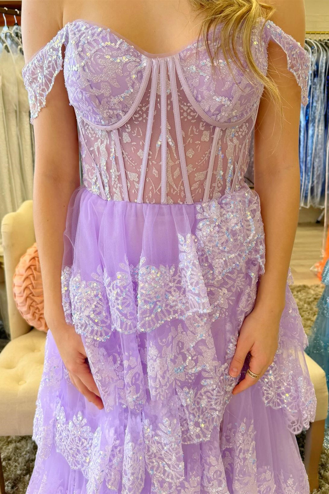 Pink Sequin Appliques Off-the-Shoulder Ruffle Tiered Long Gown