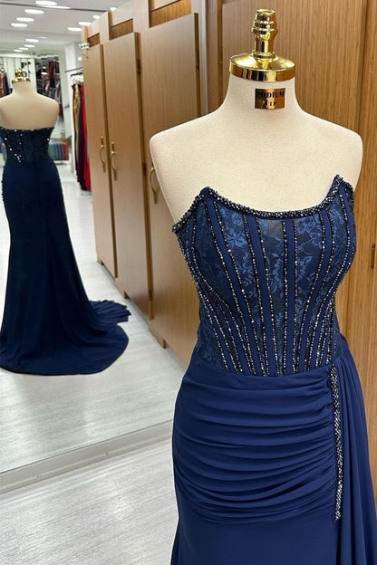 Navy Lace Beaded Strapless Long Formal Dress with Attached Train