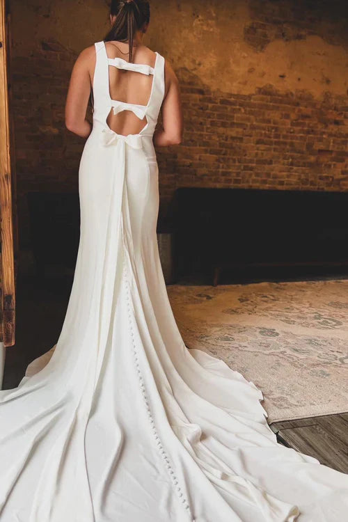 Aimishang Elegant White Satin Bateau Open Back Mermaid Long Wedding Dress