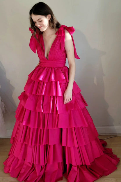 Black Plunge V Ruffle Tiered Ball Gown with Slit
