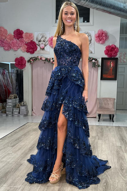 Gold Tulle Sequin One-Shoulder Ruffle Long Prom Dress with Slit