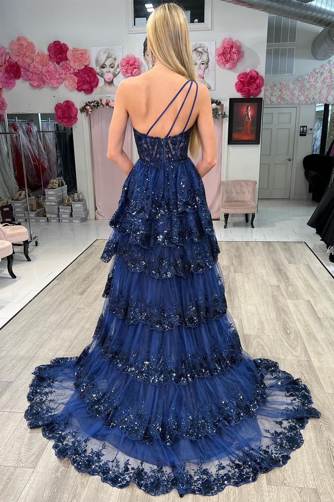 Gold Tulle Sequin One-Shoulder Ruffle Long Prom Dress with Slit