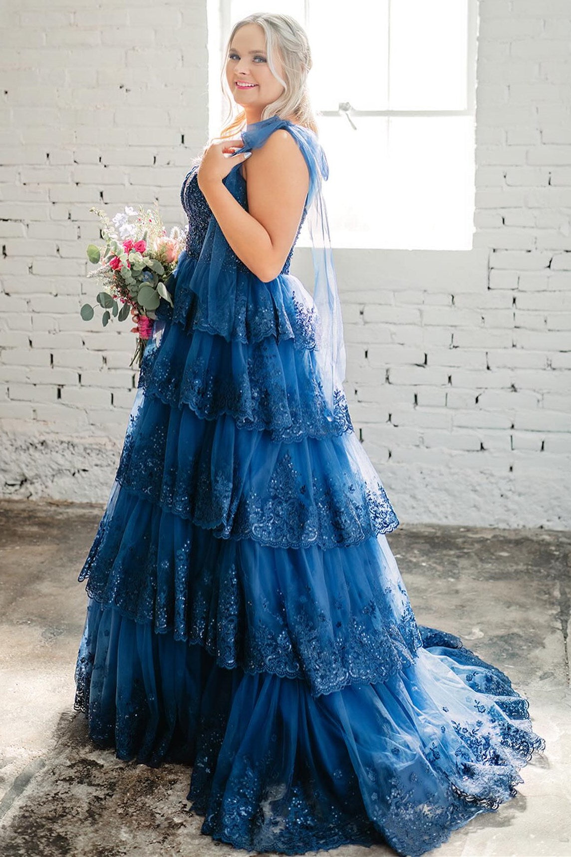 Light Blue Tulle Appliques Tying Strap Ruffle Tiered Long Prom Dress