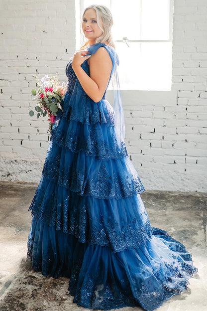 Light Blue Tulle Appliques Tying Strap Ruffle Tiered Long Prom Dress