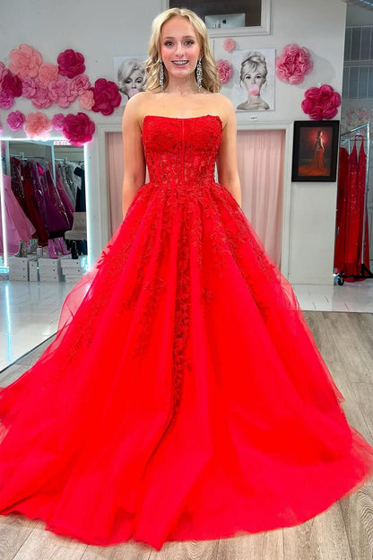 Aqua Blue Appliques Strapless A-Line Long Prom Dress