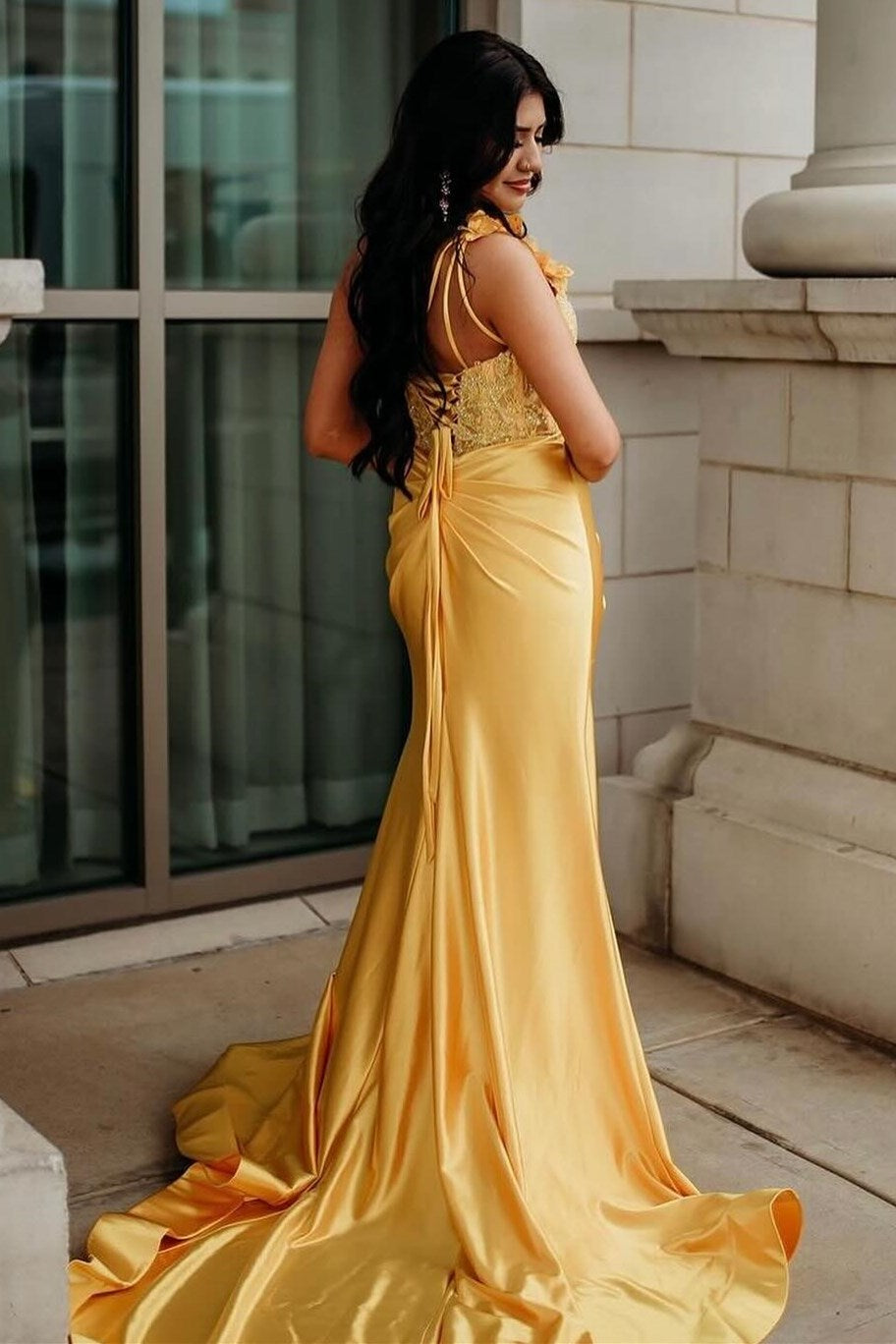 Red One-Shoulder 3D Floral Lace Pleated Long Gown with Slit