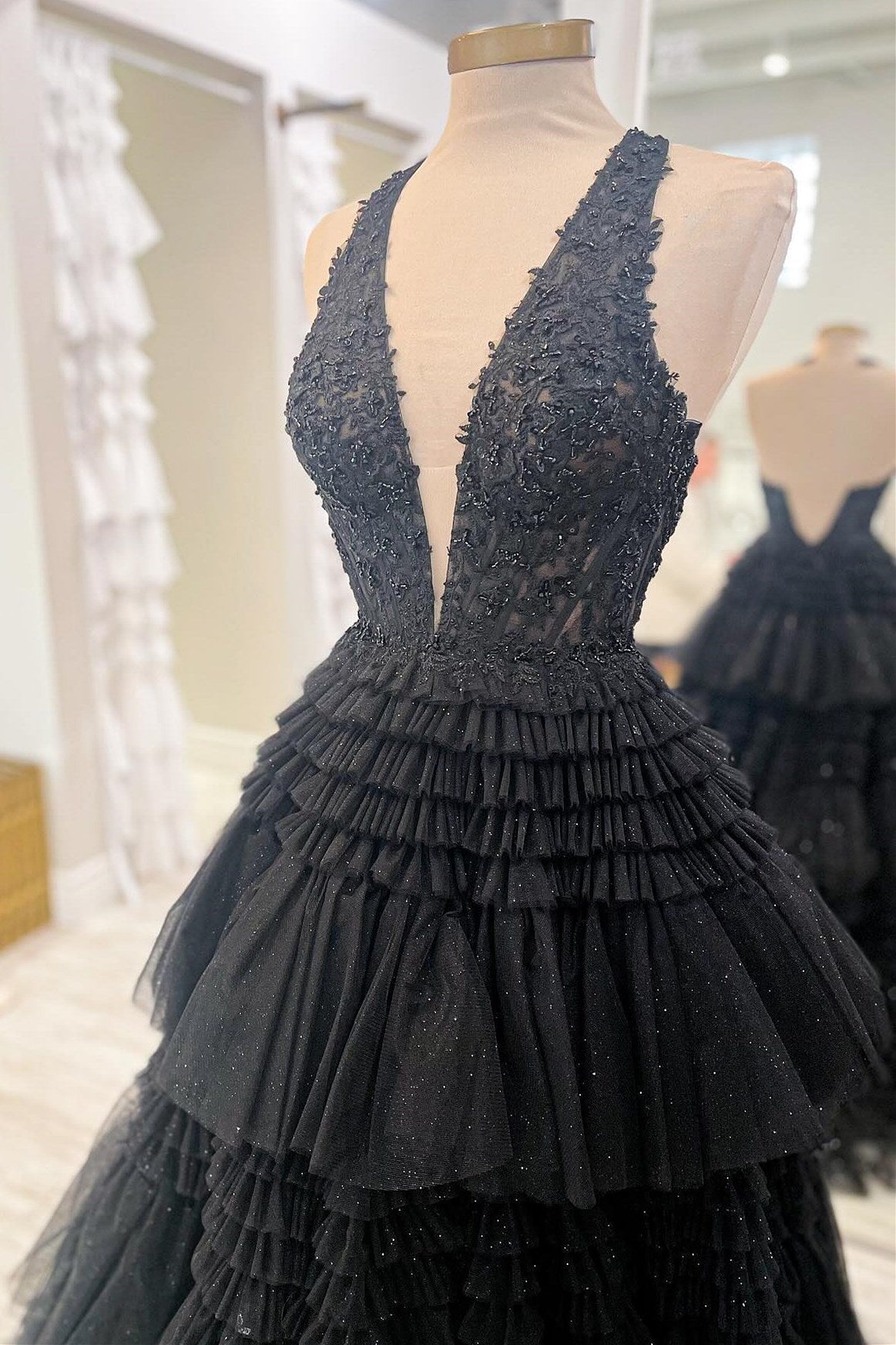 Red Tulle Appliques Halter Ruffle Tiered Ball Gown