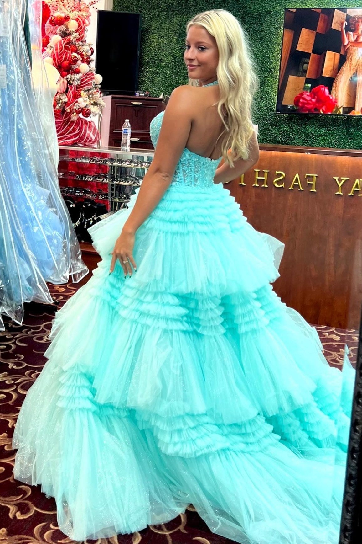Red Tulle Appliques Halter Ruffle Tiered Ball Gown