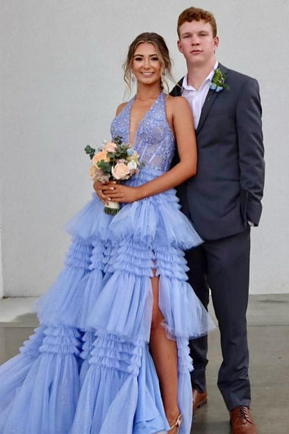 Red Tulle Appliques Halter Ruffle Tiered Ball Gown