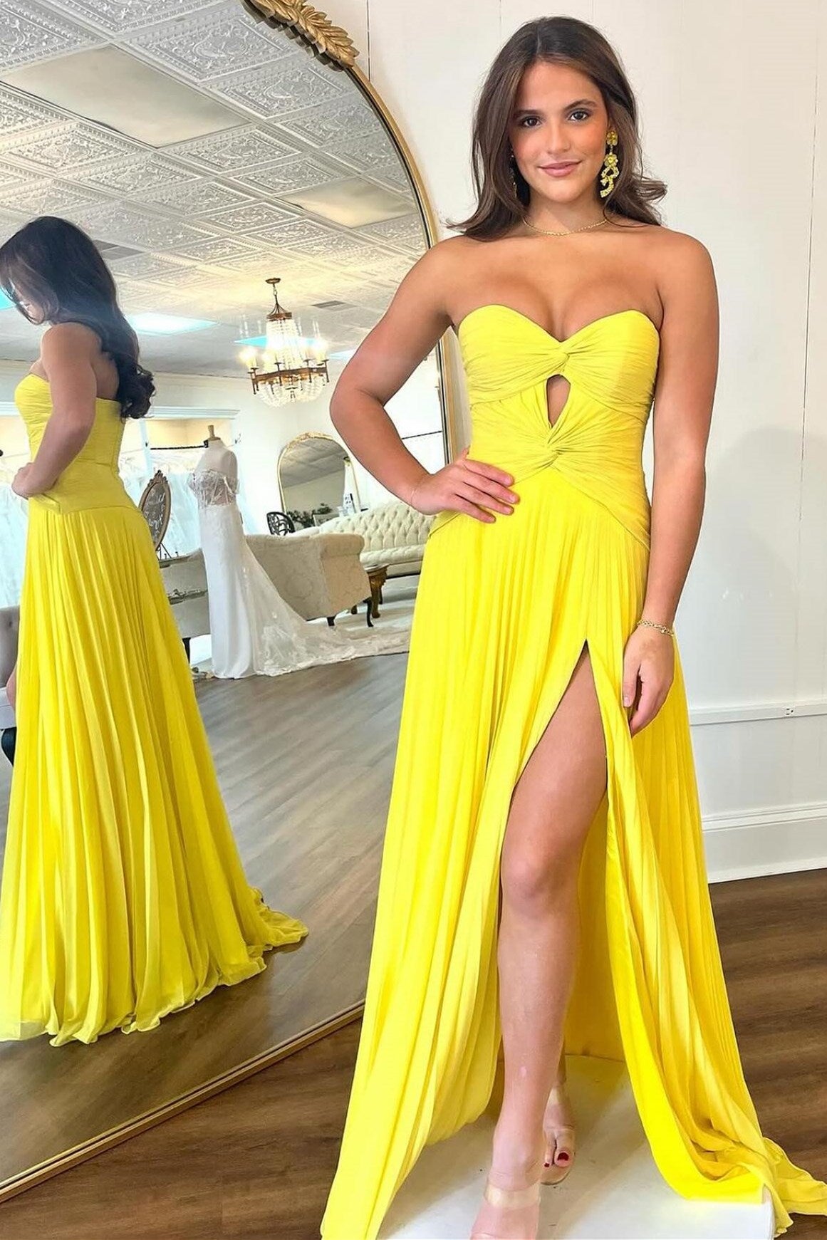 Hot Pink Strapless Keyhole Pleated A-Line Prom Dress