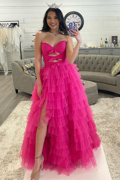 Polka Dot Strapless Ruffle Tiered Prom Gown with Keyholes