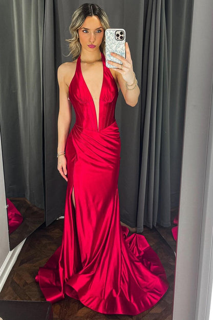 Navy Halter Mermaid Long Formal Dress with Slit