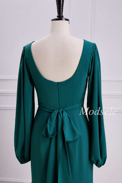 Emerald V-Neck Ruffle Maxi Dress with Long Sleeves