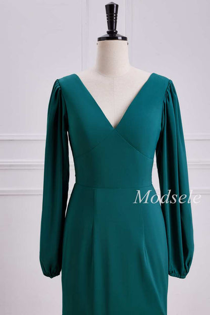Emerald V-Neck Ruffle Maxi Dress with Long Sleeves
