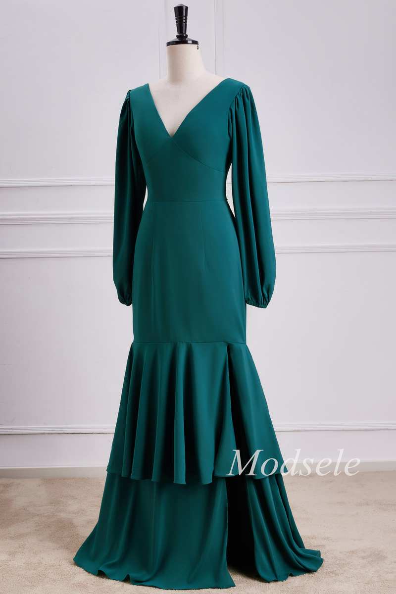Emerald V-Neck Ruffle Maxi Dress with Long Sleeves