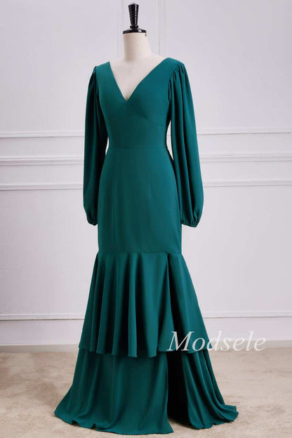 Emerald V-Neck Ruffle Maxi Dress with Long Sleeves