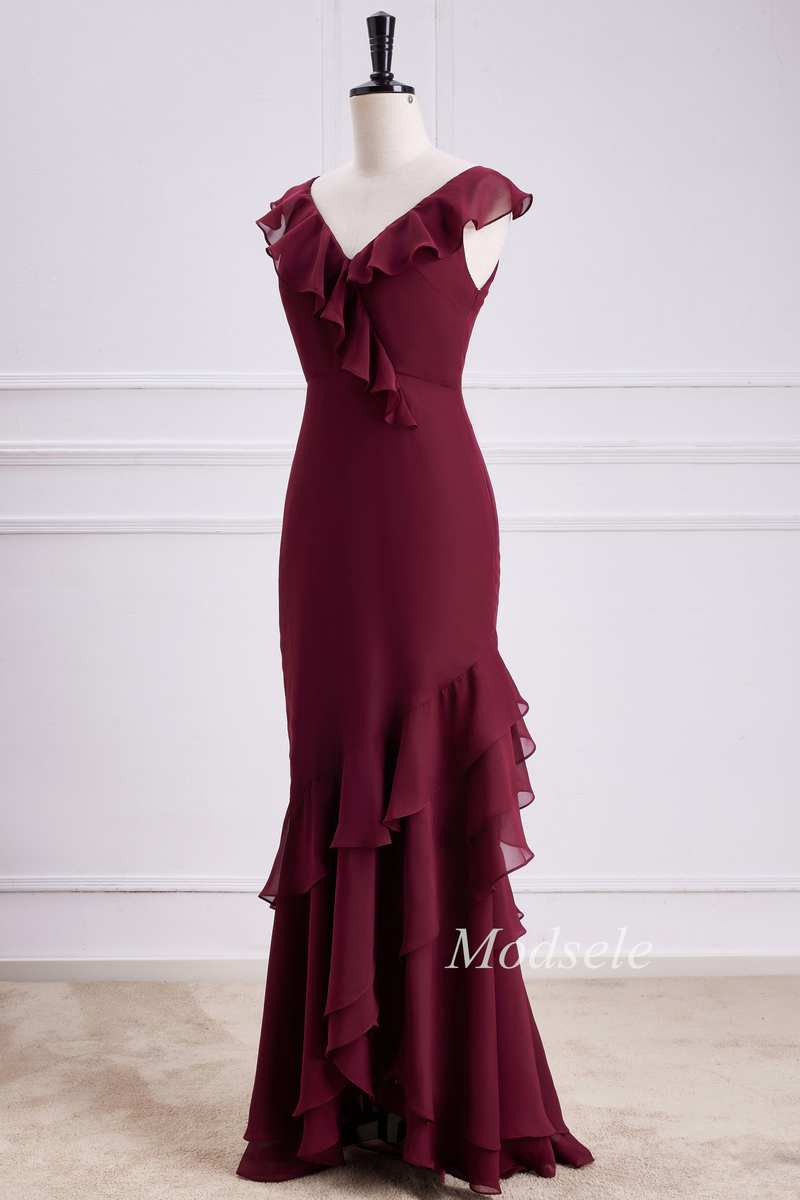 Asymmetrical Tiered Ruffle V-Neck Chiffon Bridesmaid Dress