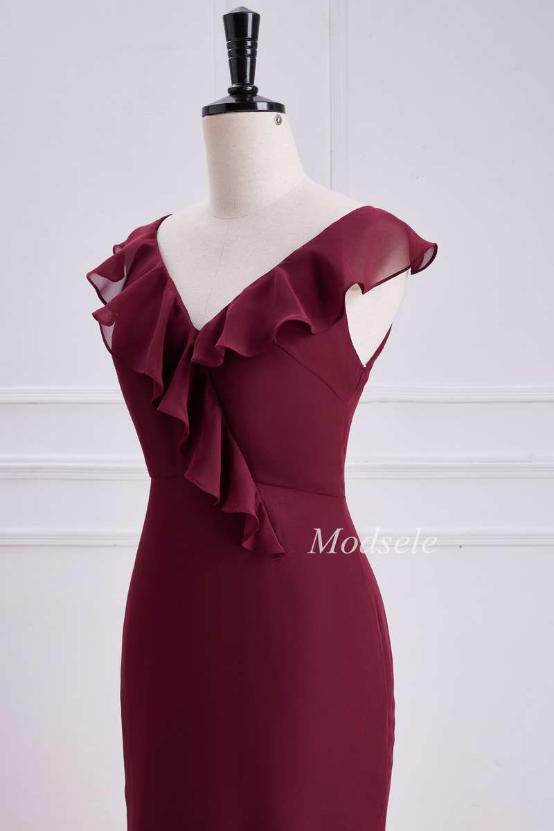 Asymmetrical Tiered Ruffle V-Neck Chiffon Bridesmaid Dress