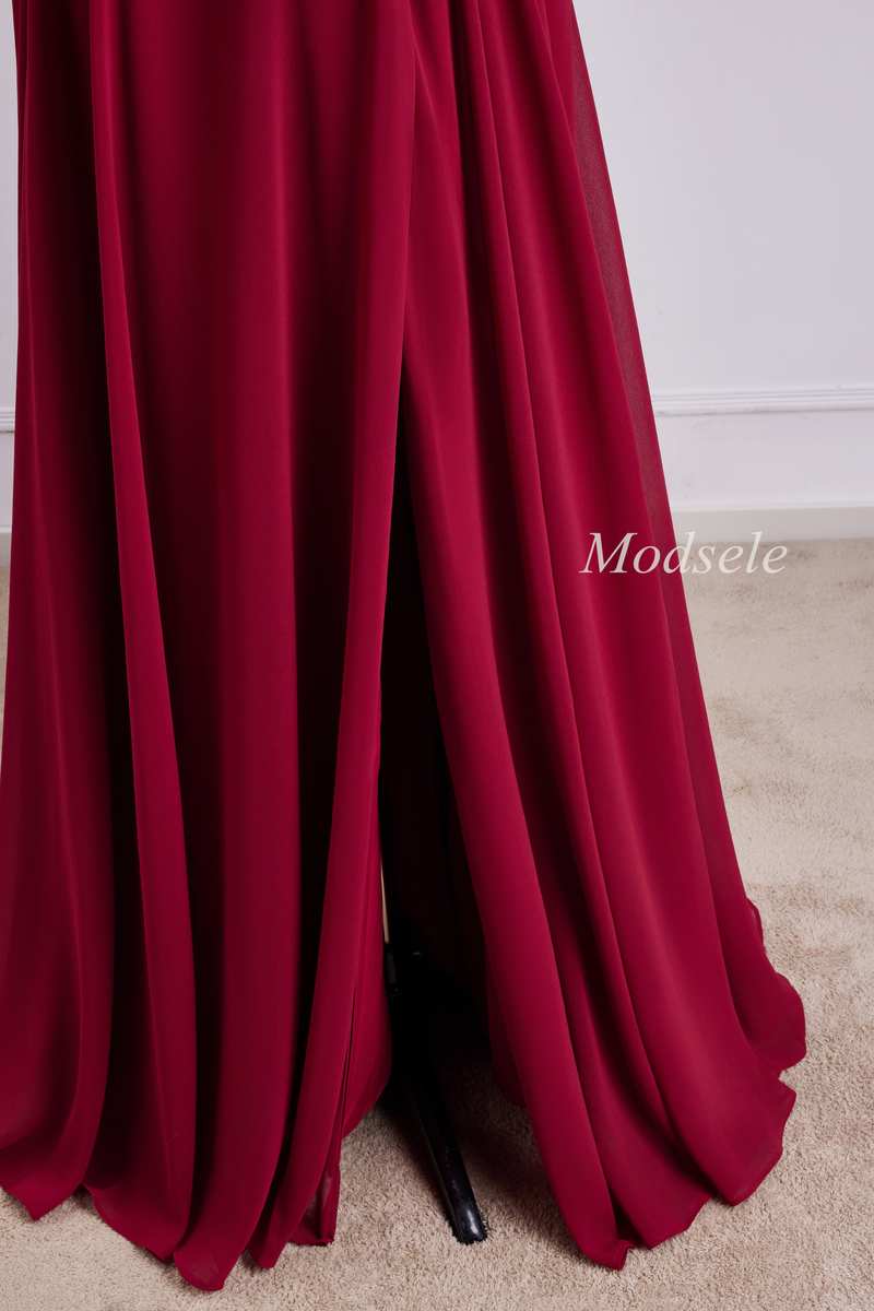 V-Neck Chiffon Maxi Dress with Flutter Sleeves in Red