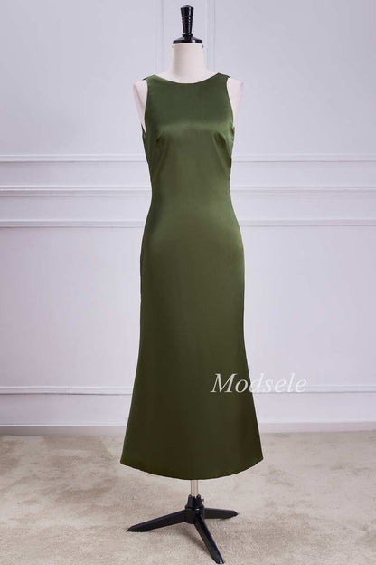 Tie Neck Keyhole Midi Dress in Olive Green