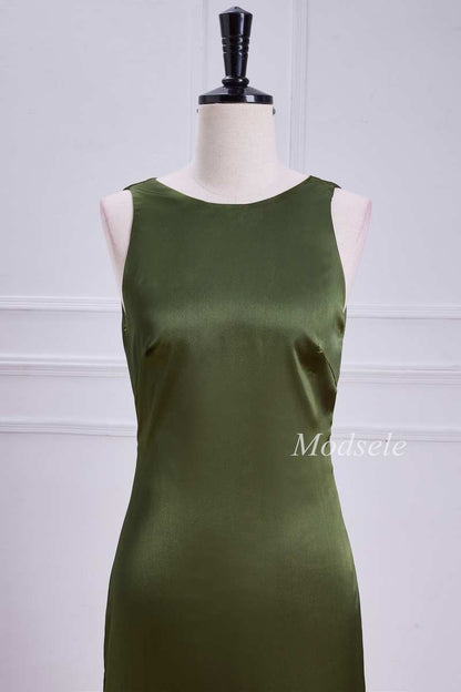 Tie Neck Keyhole Midi Dress in Olive Green